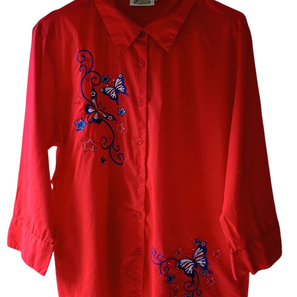 Red Button Down Shirt with Butterfly Embroidery